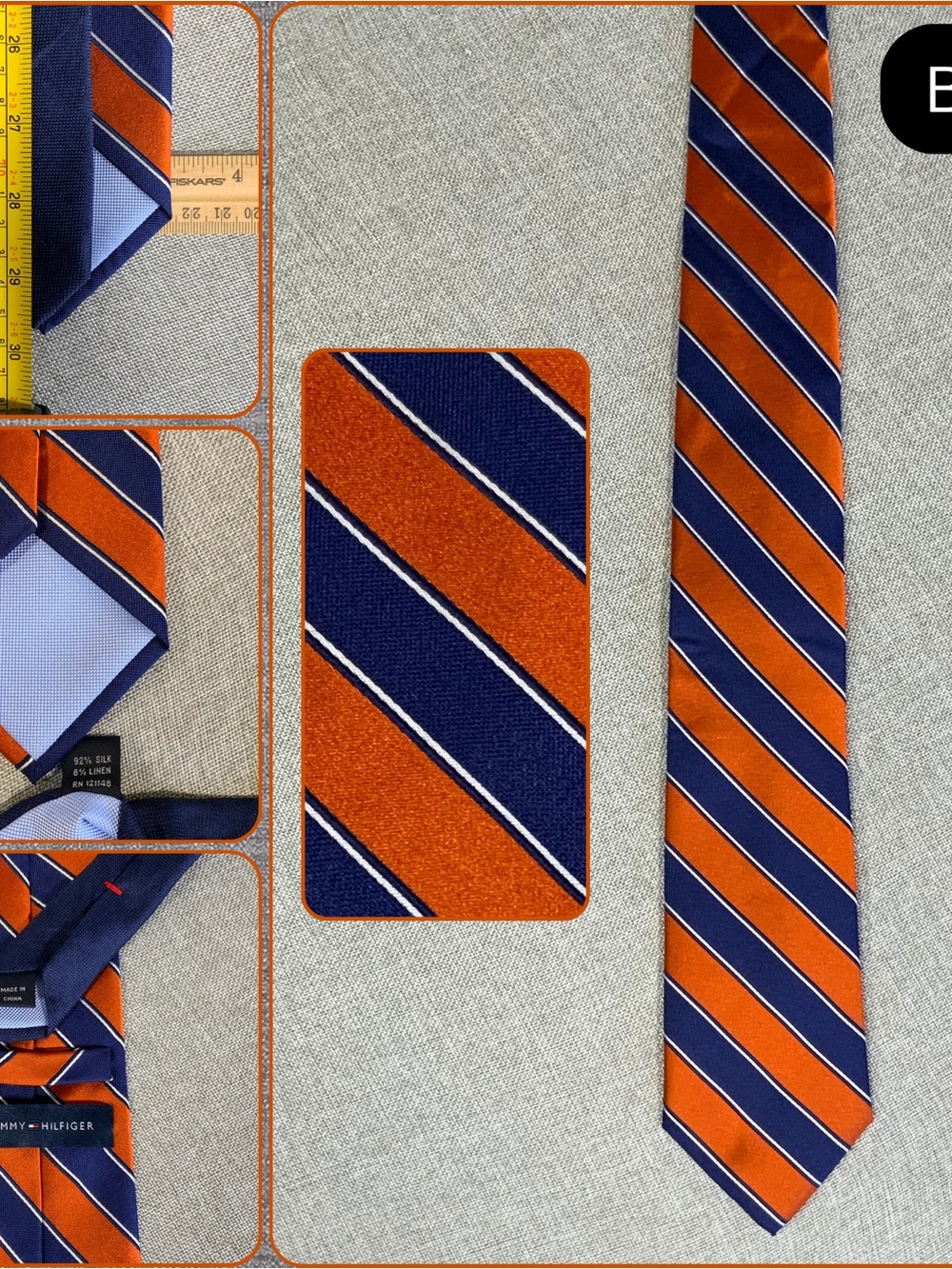 Tommy Hilfiger Repp Stripe Tie Silk Linen Navy Orange - Picture 7 of 8